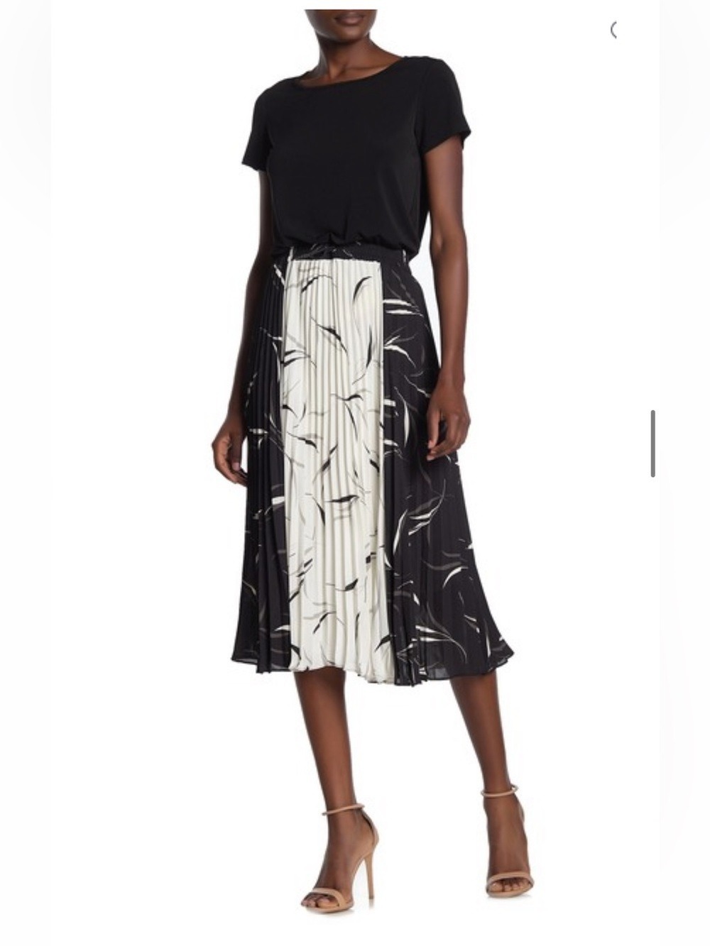 Donna Morgan Black and Cream Pleated Printed Midi dress